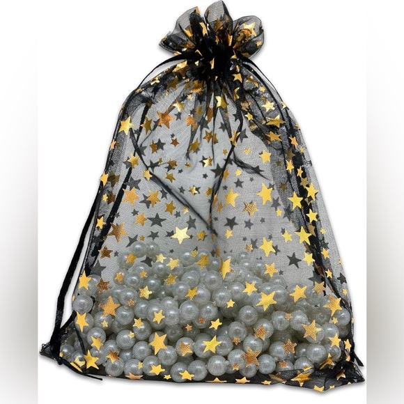 6”x8” Organza Drawstring Bags Black with Gold Stars. 75 Count - Picture 1 of 2